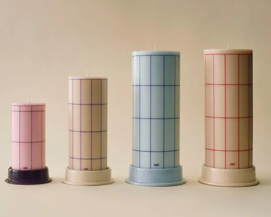 Column Candle blockljus small 15 cm, Light pink-bordeaux grid
