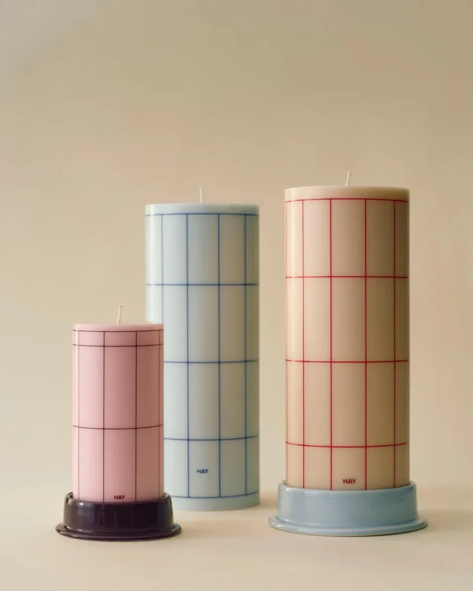 Column Candle blockljus small 15 cm, Light pink-bordeaux grid