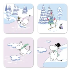 Mumin glasunderlägg vinter 2022 9x9 cm 4-pack, Blå-vit-rosa
