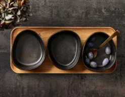 Raw Organic skålset med träbricka, Titanium Black