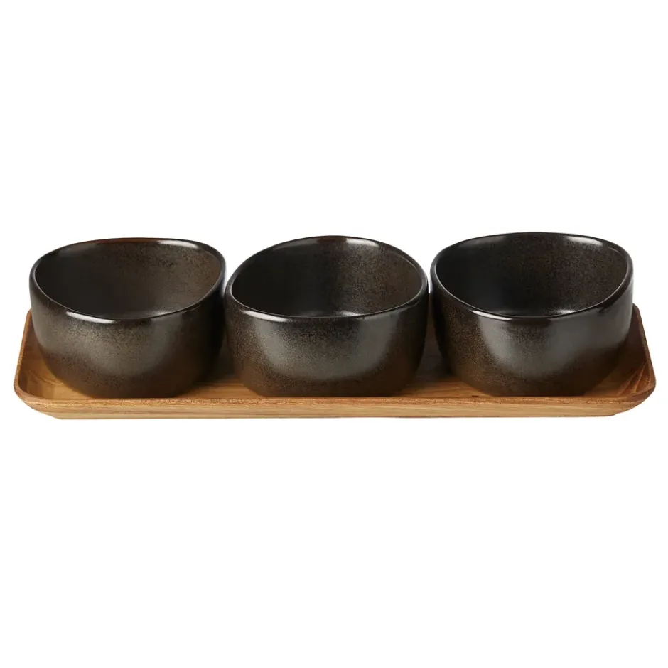 Raw Organic skålset med träbricka, Metallic Brown