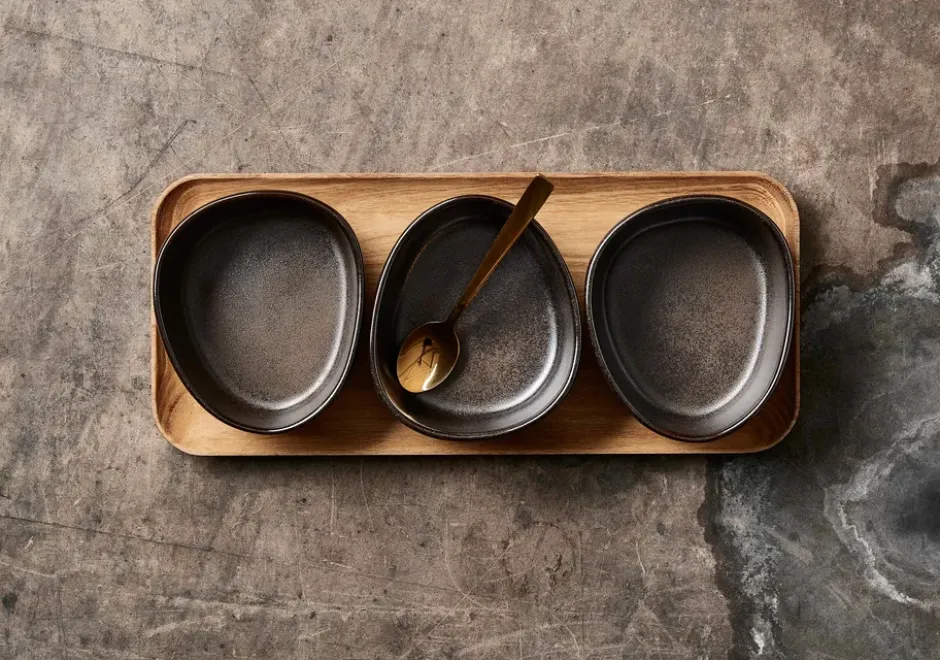Raw Organic skålset med träbricka, Metallic Brown