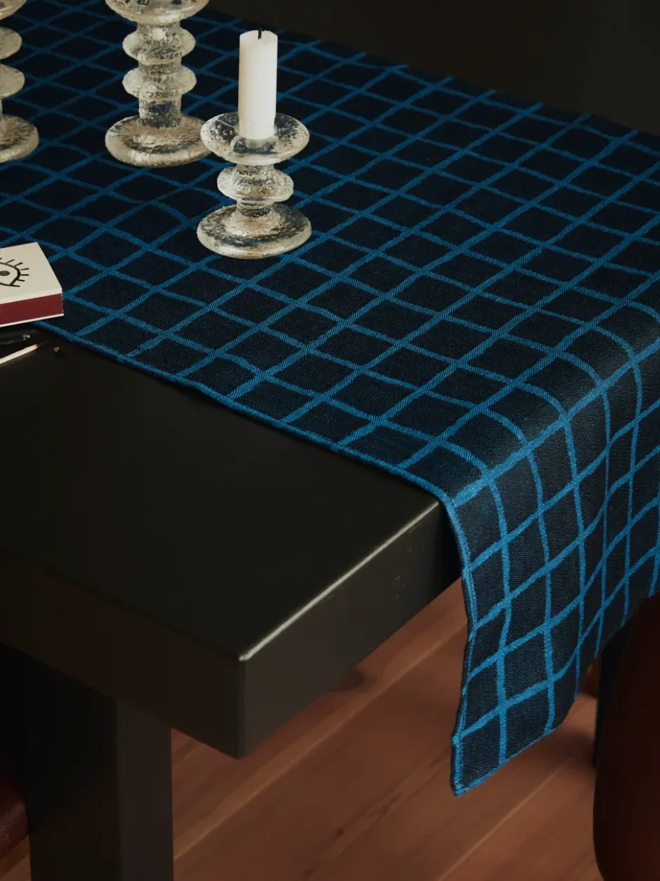 Rutig jacquardvävd bordslöpare 45x150 cm, Blue-black