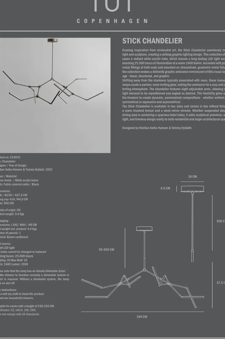 Stick chandelier takkrona, Bronze