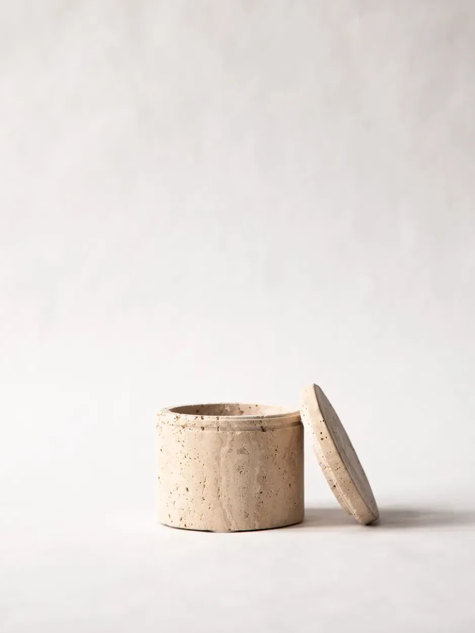 Travertine burk med lock, Ø13 cm
